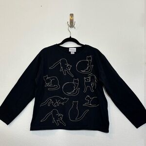 Women's Long Sleeve Cat Print Tee - Black